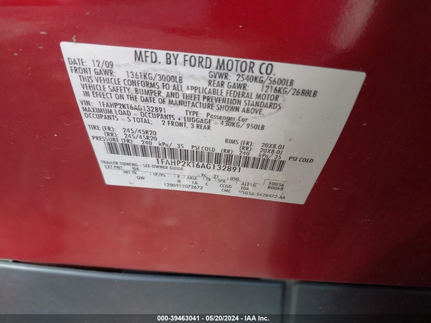 2010 Ford Taurus Sho VIN: 1FAHP2KT6AG132891 Lot: 39463041