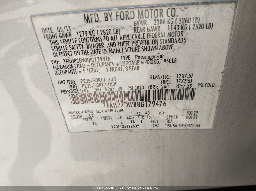 2011 Ford Taurus Se VIN: 1FAHP2DW8BG179476 Lot: 39463050