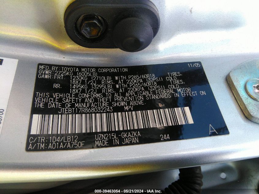 2006 Toyota 4Runner Limited V8 VIN: JTEBT17R868032243 Lot: 39463054