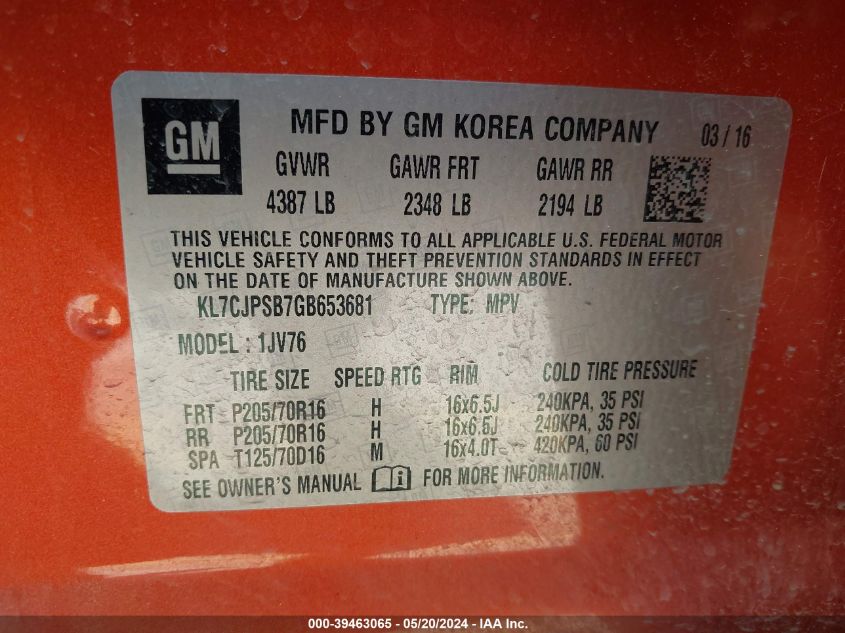 2016 Chevrolet Trax Lt VIN: KL7CJPSB7GB653681 Lot: 39463065