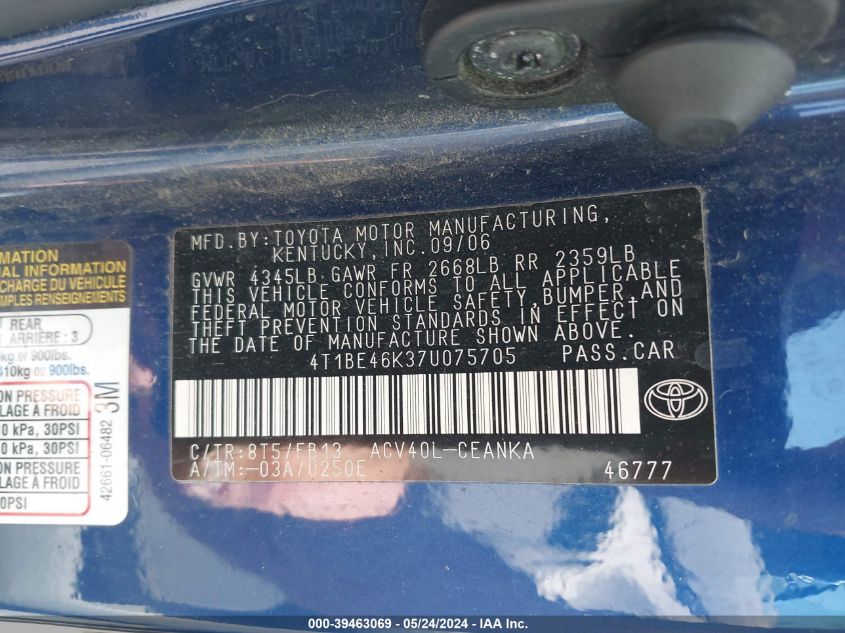2007 Toyota Camry Le VIN: 4T1BE46K37U075705 Lot: 39463069