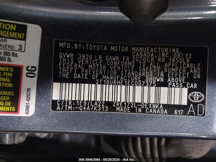 2014 Toyota Corolla Le Premium VIN: 2T1BURHE1EC007375 Lot: 39463080