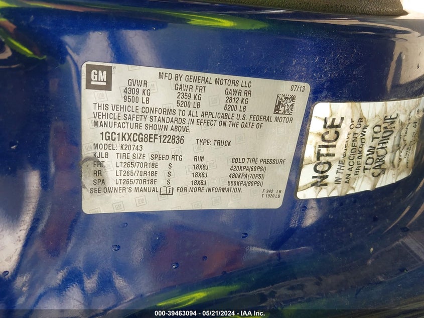 2014 Chevrolet Silverado 2500Hd Lt VIN: 1GC1KXCG8EF122836 Lot: 39463094