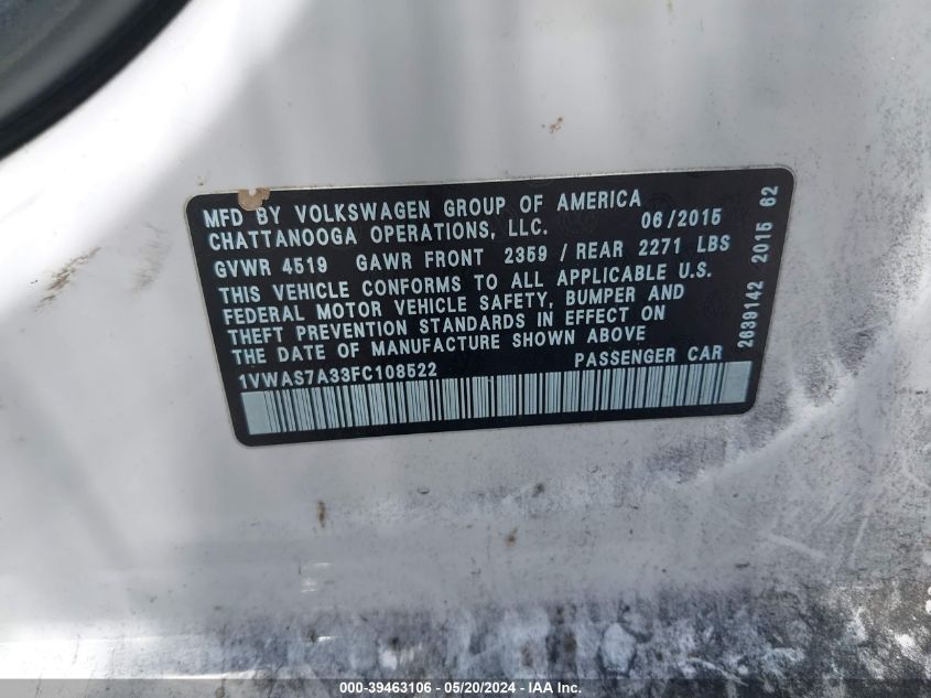 2015 Volkswagen Passat 1.8T Limited Edition VIN: 1VWAS7A33FC108522 Lot: 39463106