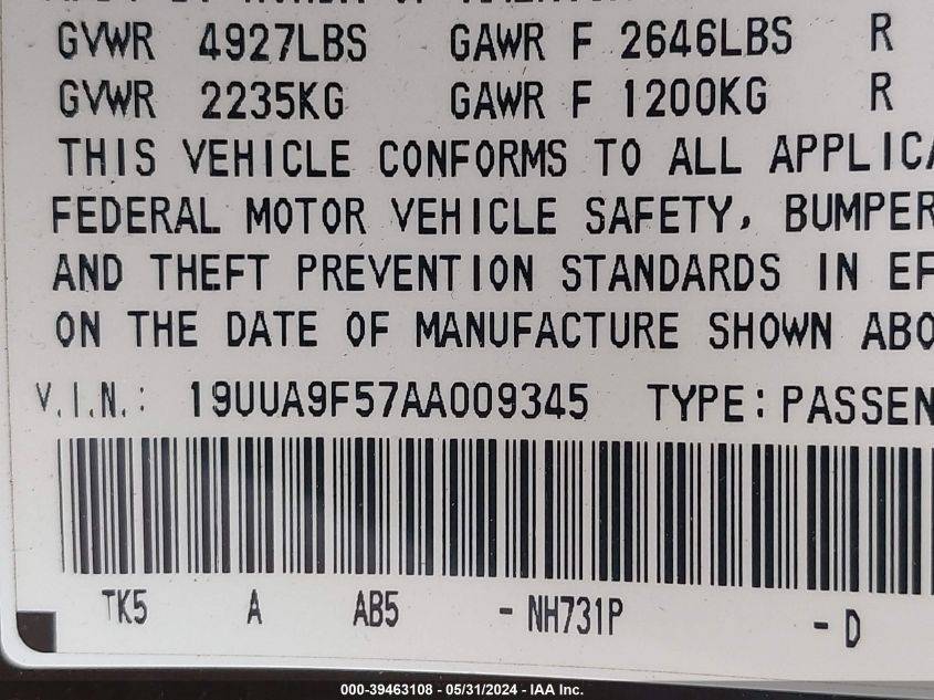 2010 Acura Tl 3.7 VIN: 19UUA9F57AA009345 Lot: 39463108