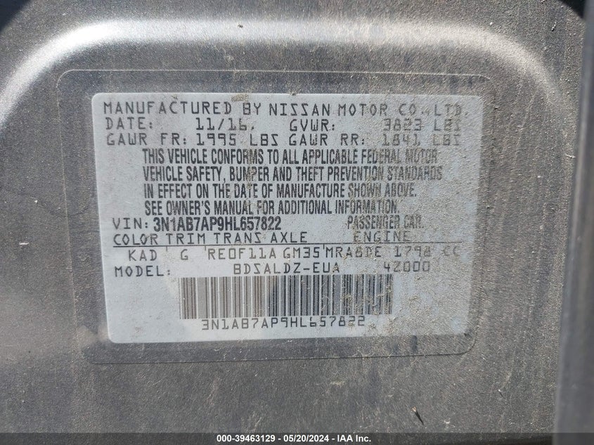 2017 Nissan Sentra Sv VIN: 3N1AB7AP9HL657822 Lot: 39463129
