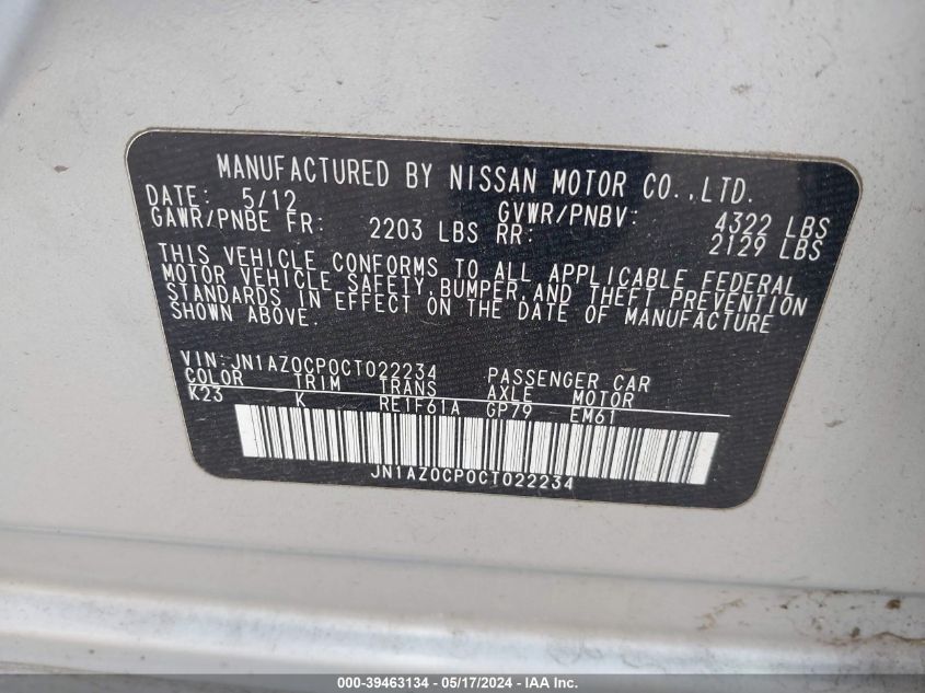 2012 Nissan Leaf Sl VIN: JN1AZ0CP0CT022234 Lot: 39463134