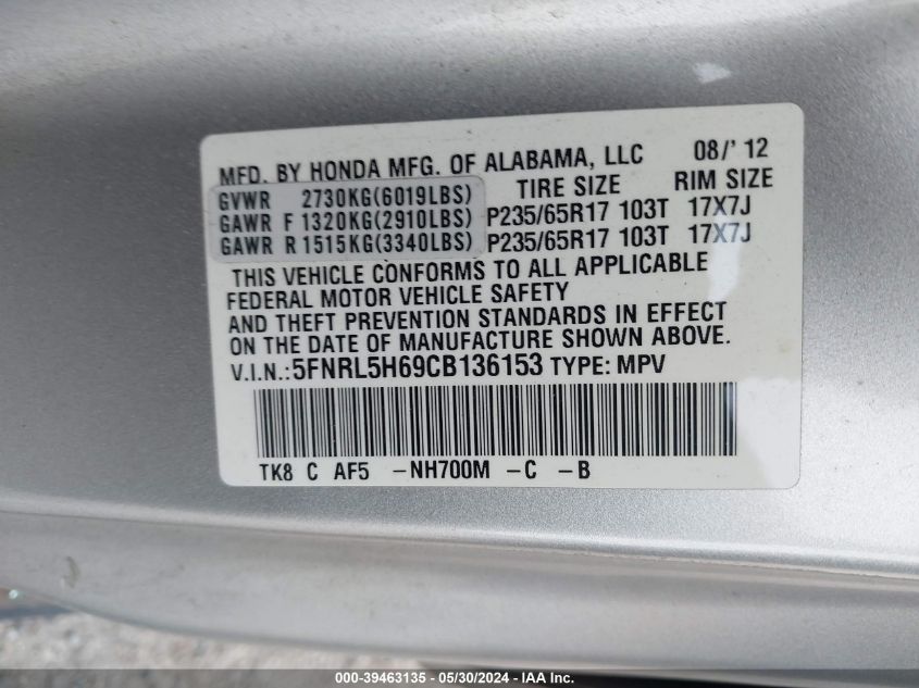 2012 Honda Odyssey Ex-L VIN: 5FNRL5H69CB136153 Lot: 39463135