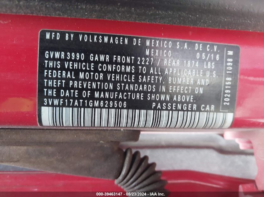 2016 Volkswagen Beetle 1.8T S VIN: 3VWF17AT1GM629506 Lot: 39463147