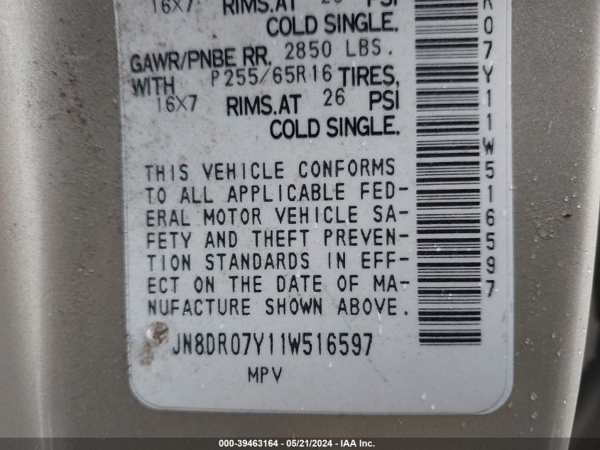 2001 Nissan Pathfinder Le VIN: JN8DR07Y11W516597 Lot: 39463164
