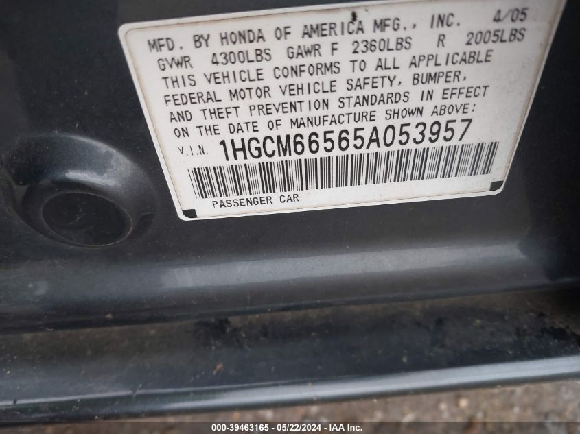 2005 Honda Accord 3.0 Ex VIN: 1HGCM66565A053957 Lot: 39463165