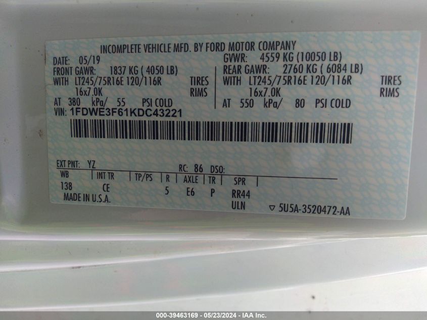 2019 Ford E-350 Cutaway VIN: 1FDWE3F61KDC43221 Lot: 39463169