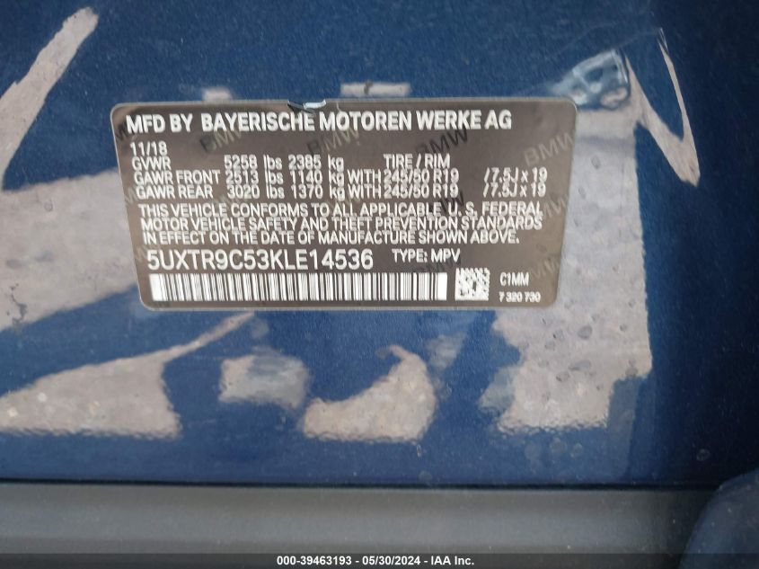 2019 BMW X3 xDrive30I VIN: 5UXTR9C53KLE14536 Lot: 39463193