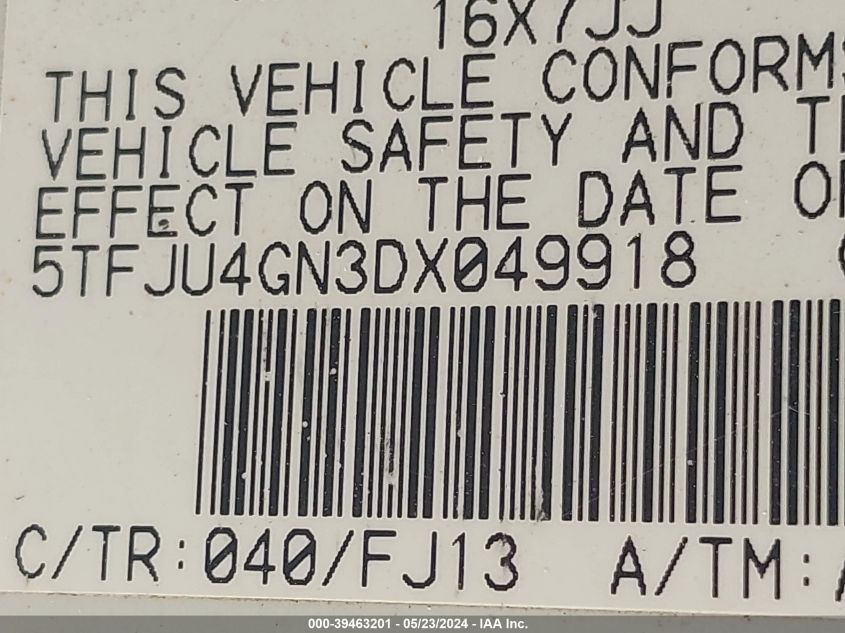 2013 Toyota Tacoma Prerunner V6 VIN: 5TFJU4GN3DX049918 Lot: 39463201