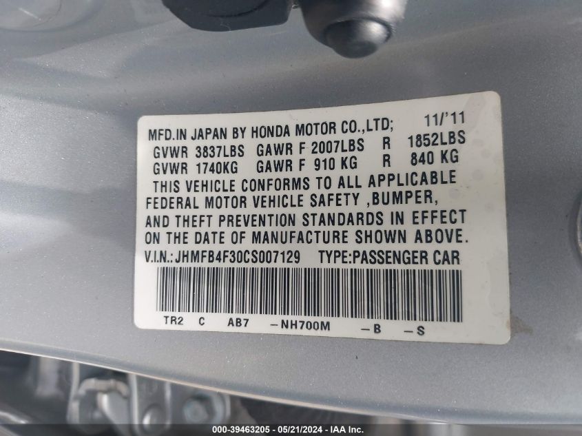 2012 Honda Civic Hybrid VIN: JHMFB4F30CS007129 Lot: 39463205
