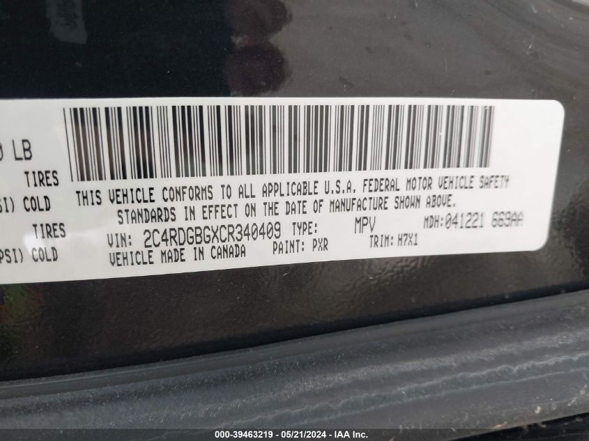 2012 Dodge Grand Caravan Se/Avp VIN: 2C4RDGBGXCR340409 Lot: 39463219