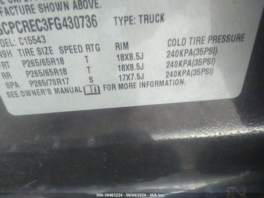 2015 Chevrolet Silverado 1500 1Lt VIN: 3GCPCREC3FG430736 Lot: 39463224