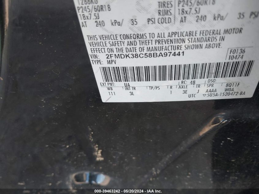 2008 Ford Edge Sel VIN: 2FMDK38C58BA97441 Lot: 39463242