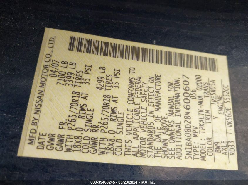 2008 Nissan Armada Se VIN: 5N1BA08D28N600607 Lot: 39463245