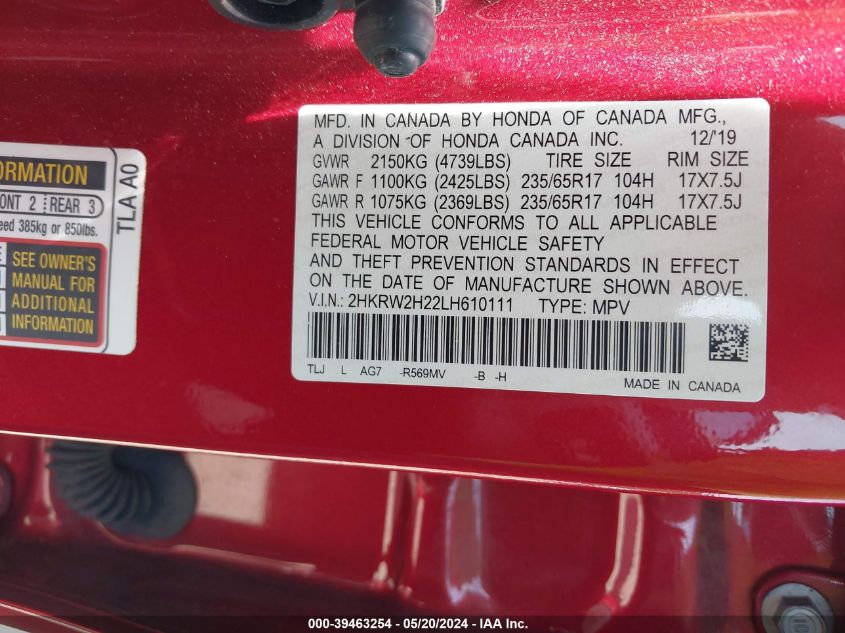 2020 Honda Cr-V Awd Lx VIN: 2HKRW2H22LH610111 Lot: 39463254