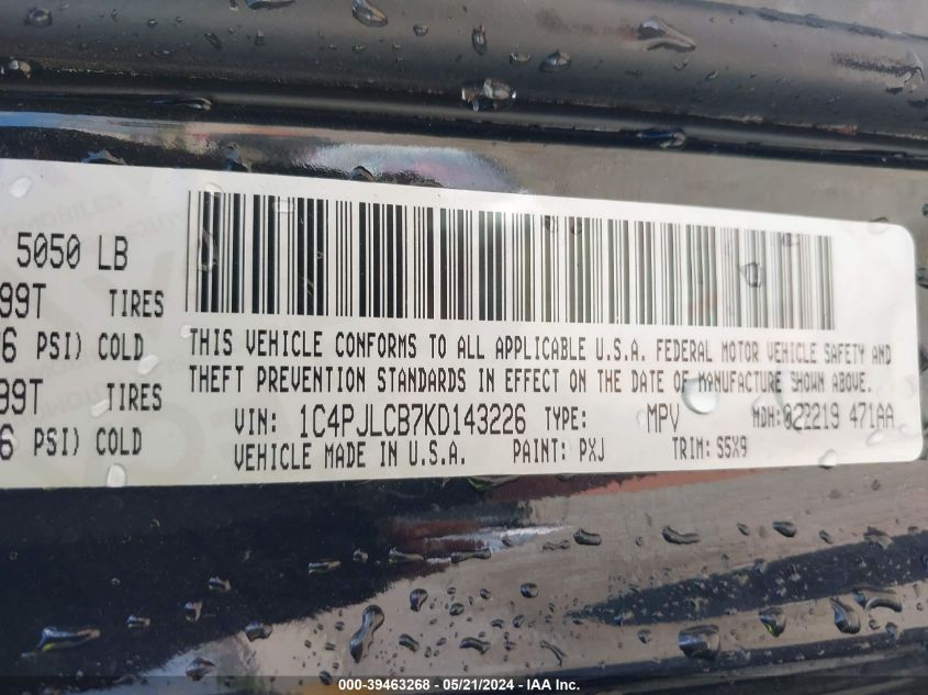 2019 Jeep Cherokee Latitude Fwd VIN: 1C4PJLCB7KD143226 Lot: 39463268