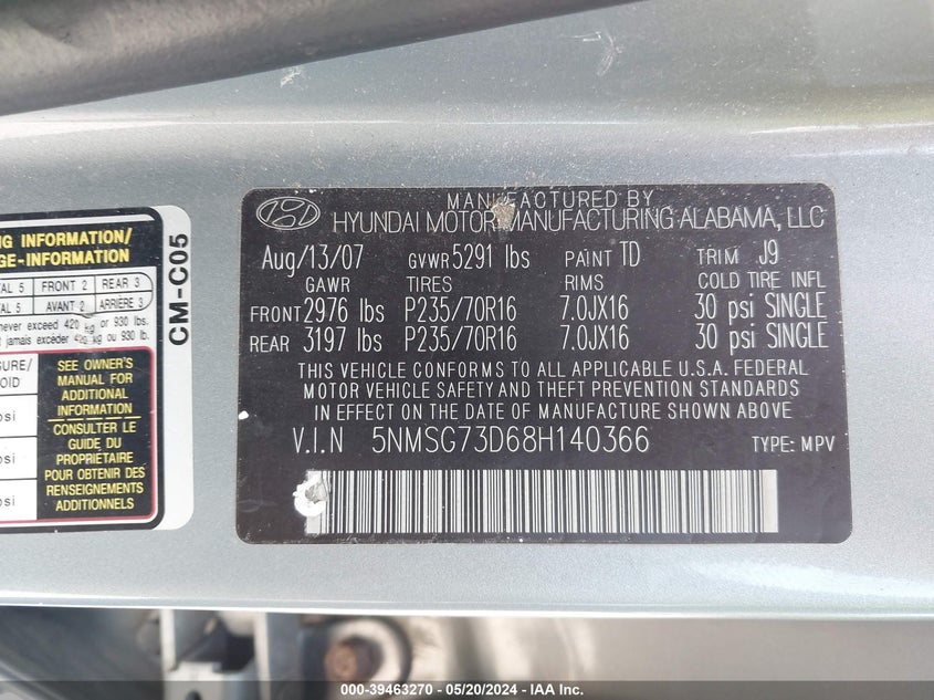 2008 Hyundai Santa Fe Gls VIN: 5NMSG73D68H140366 Lot: 39463270