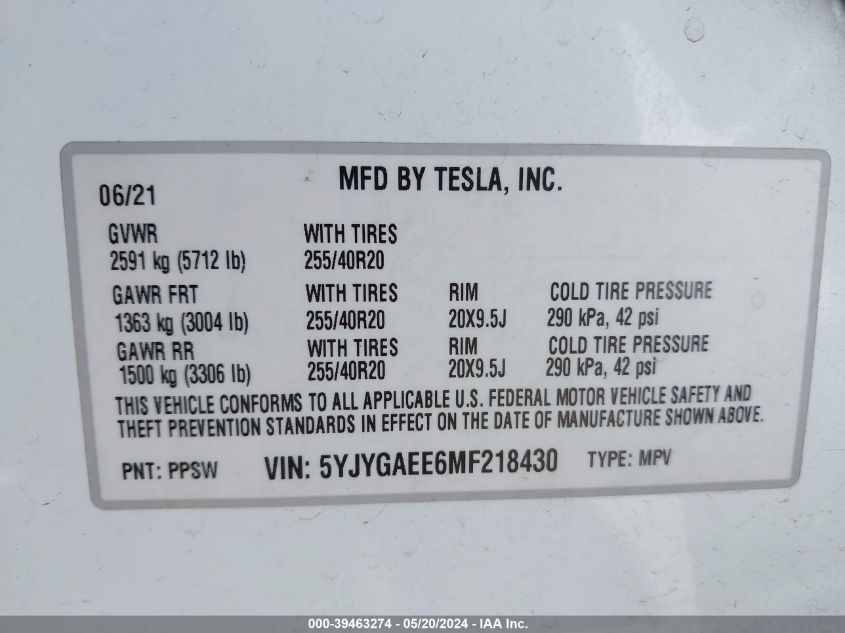 2021 Tesla Model Y Long Range Dual Motor All-Wheel Drive VIN: 5YJYGAEE6MF218430 Lot: 39463274