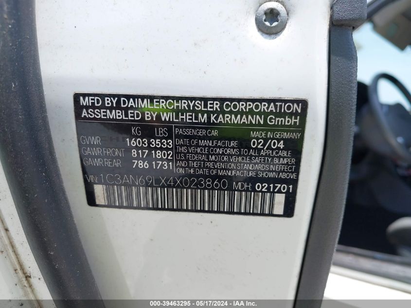 2004 Chrysler Crossfire VIN: 1C3AN69LX4X023860 Lot: 39463295