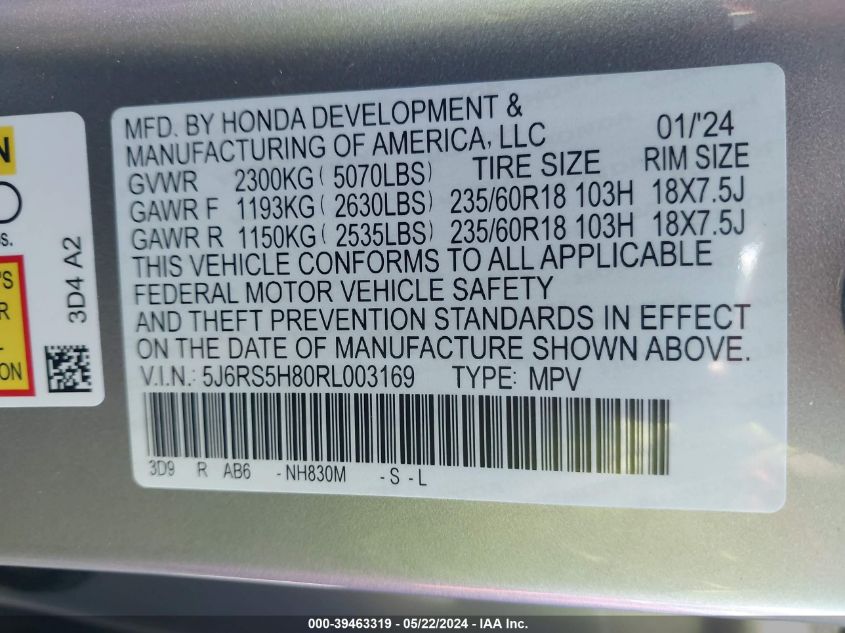 5J6RS5H80RL003169 2024 Honda Cr-V Hybrid Sport-L