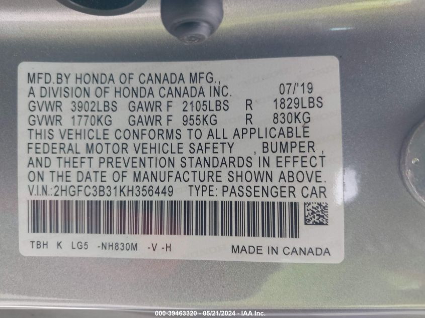 2019 Honda Civic Ex VIN: 2HGFC3B31KH356449 Lot: 39463320