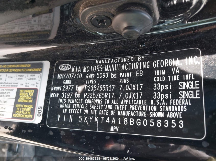 2011 Kia Sorento Lx VIN: 5XYKT4A18BG058353 Lot: 39463328