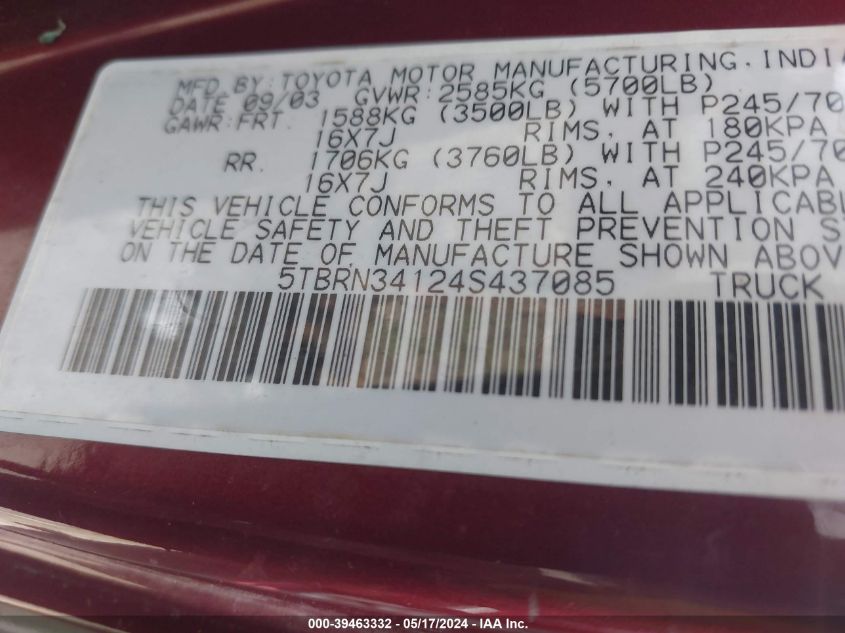 2004 Toyota Tundra Sr5 VIN: 5TBRN34124S437085 Lot: 39463332
