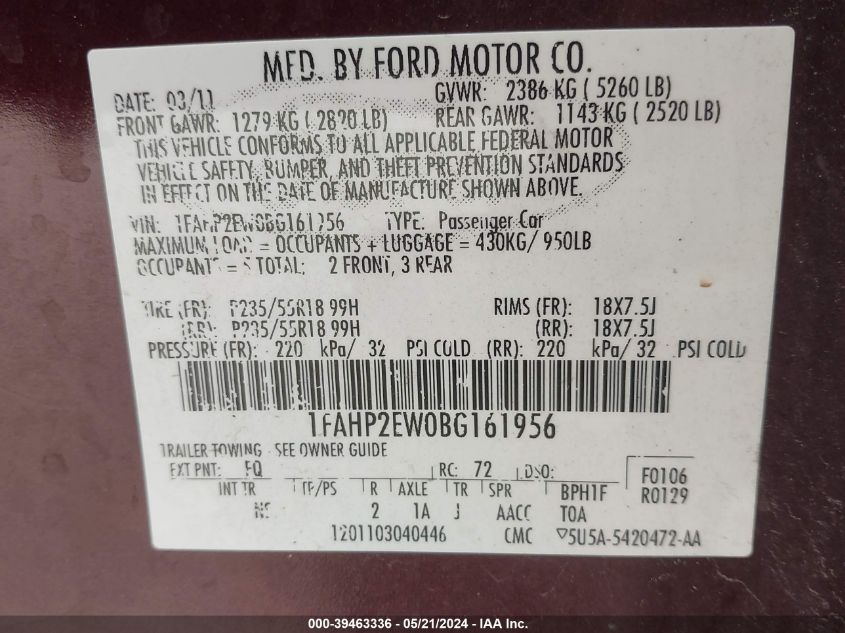 2011 Ford Taurus Sel VIN: 1FAHP2EW0BG161956 Lot: 39463336