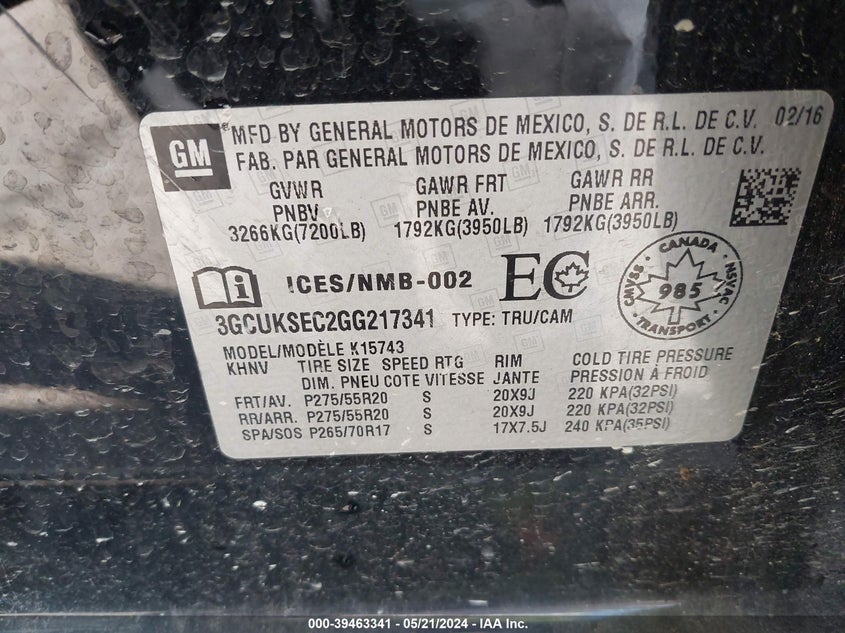 2016 Chevrolet Silverado 1500 1Lz/2Lz VIN: 3GCUKSEC2GG217341 Lot: 39463341