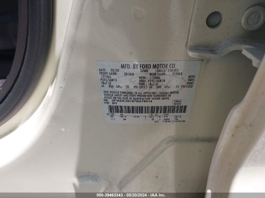 2007 Ford Edge Sel Plus VIN: 2FMDK39C87BA78914 Lot: 39463343