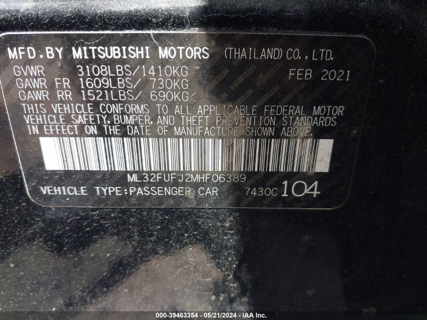 2021 Mitsubishi Mirage G4 Carbonite Edition/Es/Le VIN: ML32FUFJ2MHF06389 Lot: 39463354