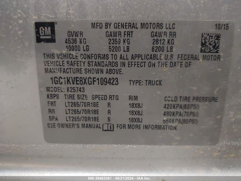 2016 Chevrolet Silverado K2500 Heavy Duty Lt VIN: 1GC1KVE8XGF109423 Lot: 39463361