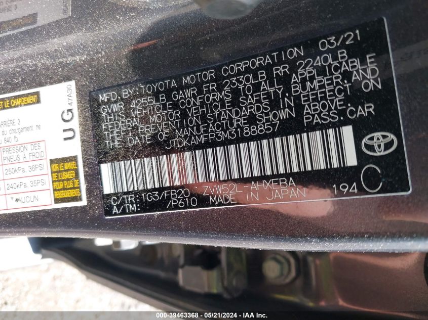 2021 Toyota Prius Prime Le VIN: JTDKAMFP3M3188857 Lot: 39463368