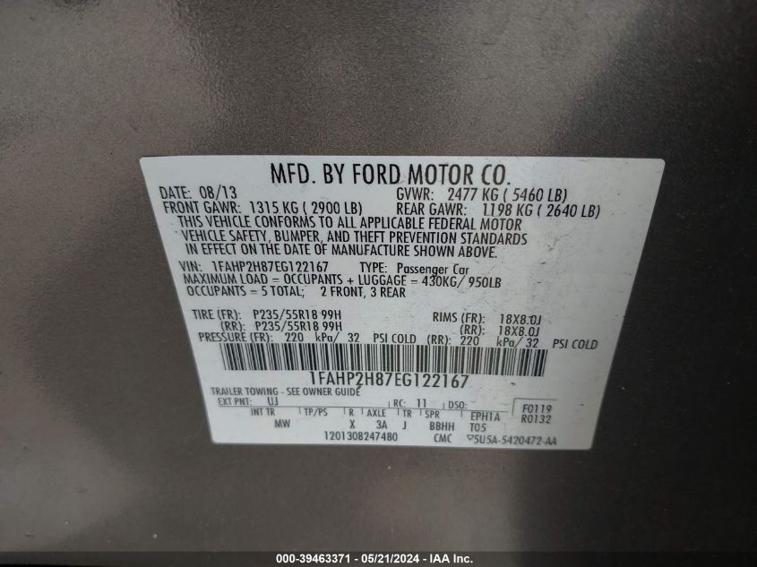 2014 Ford Taurus Sel VIN: 1FAHP2H87EG122167 Lot: 39463371