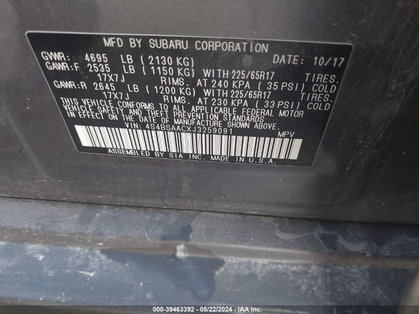 2018 Subaru Outback 2.5I VIN: 4S4BSAACXJ3259091 Lot: 39463392