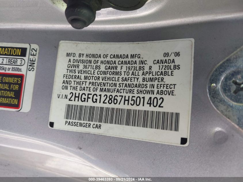 2007 Honda Civic Ex VIN: 2HGFG12867H501402 Lot: 39463393