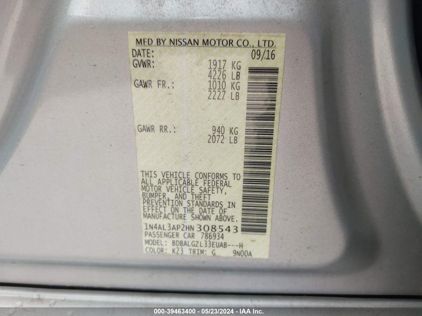 2017 Nissan Altima 2.5 S VIN: 1N4AL3AP2HN308543 Lot: 39463400