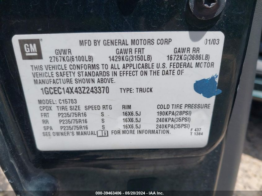 2003 Chevrolet Silverado 1500 VIN: 1GCEC14X43Z243370 Lot: 39463406