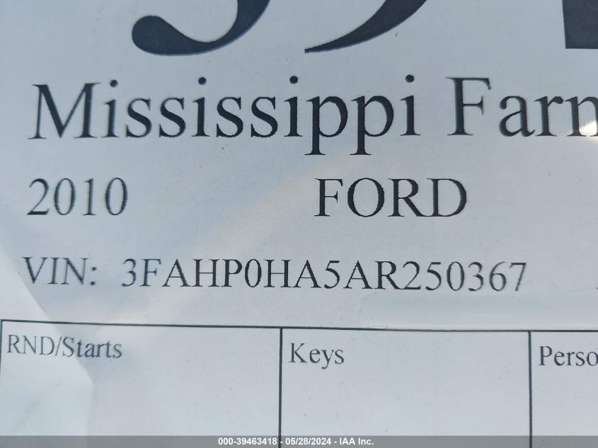 2010 Ford Fusion Se VIN: 3FAHP0HA5AR250367 Lot: 39463418