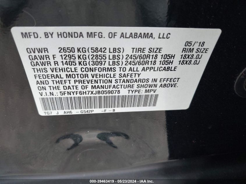 2018 Honda Pilot Ex-L VIN: 5FNYF6H7XJB059078 Lot: 39463419