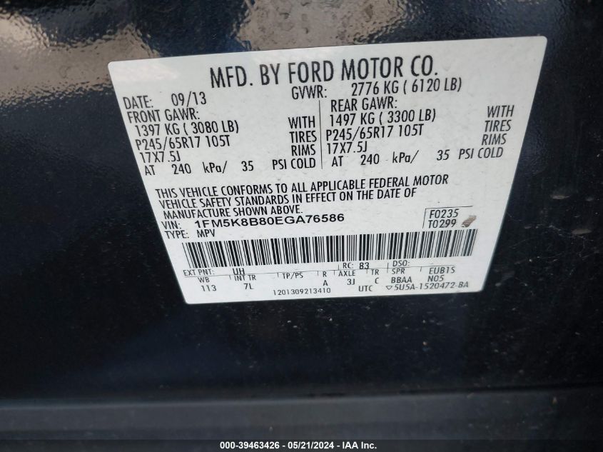 2014 Ford Explorer VIN: 1FM5K8B80EGA76586 Lot: 39463426