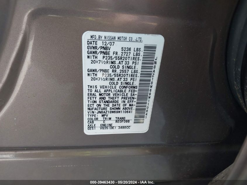 2009 Nissan Murano Le VIN: JN8AZ18W69W110641 Lot: 39463430