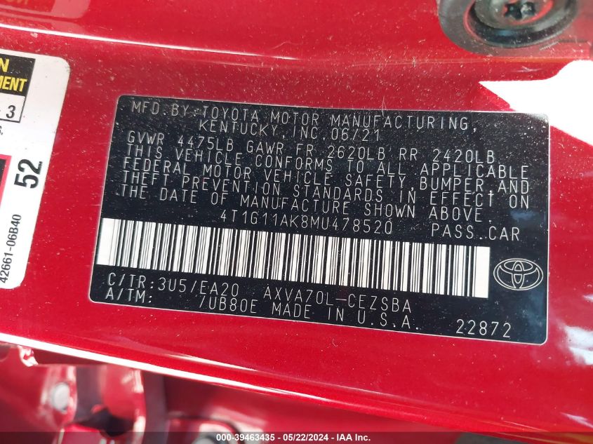 2021 Toyota Camry Se VIN: 4T1G11AK8MU478520 Lot: 39463435