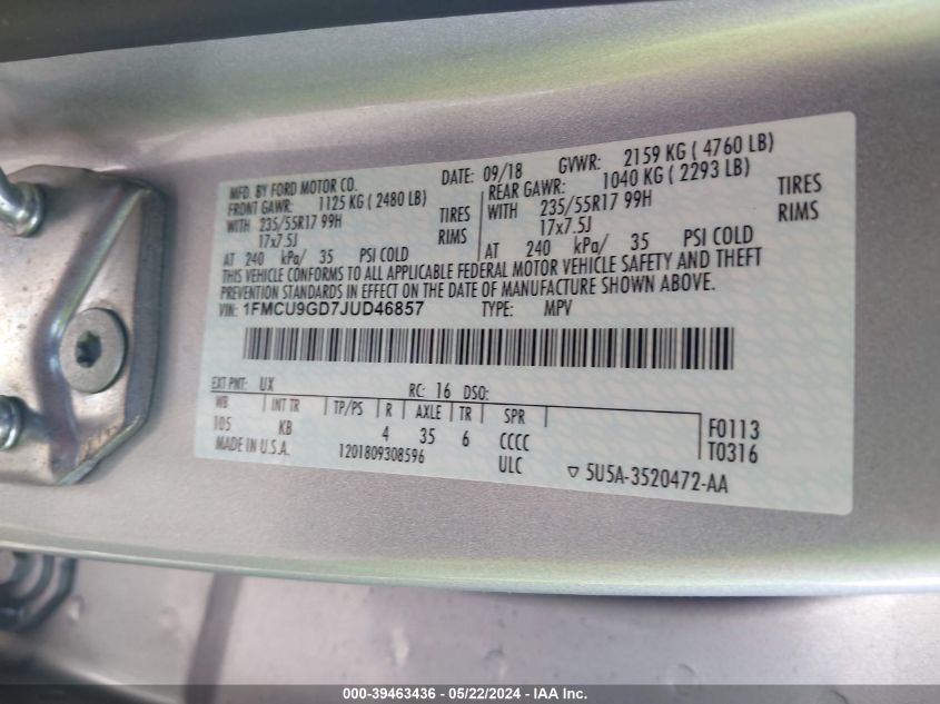 2018 Ford Escape Se VIN: 1FMCU9GD7JUD46857 Lot: 39463436