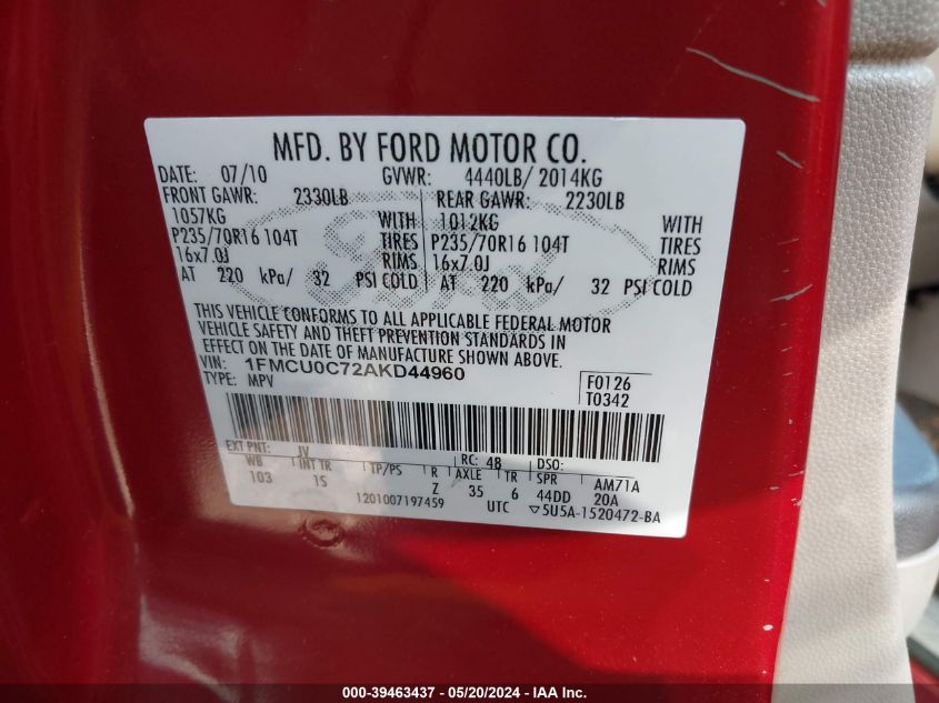 2010 Ford Escape Xls VIN: 1FMCU0C72AKD44960 Lot: 39463437